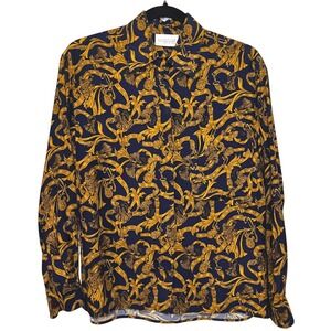 Vintage Nordstrom Button Down Blouse Size 2 Navy Gold Chain Royal Preppy Rayon